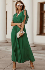 Load image into Gallery viewer, Green Curve Lotus Leaf Sleeve Dress
