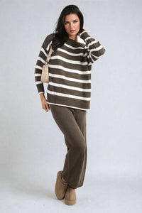 Knitted Striped Long Sleeve Top & Pants Co-ord Set