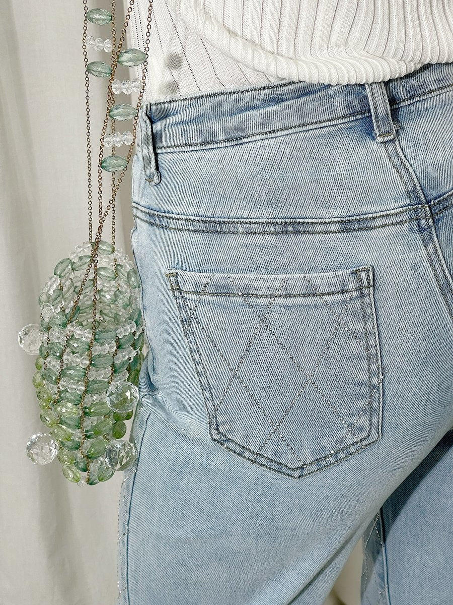 Diamond Pattern Embellished High Waisted Jeans