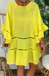 Yellow 3/4 Sleeve Loose Button Cut-out Top