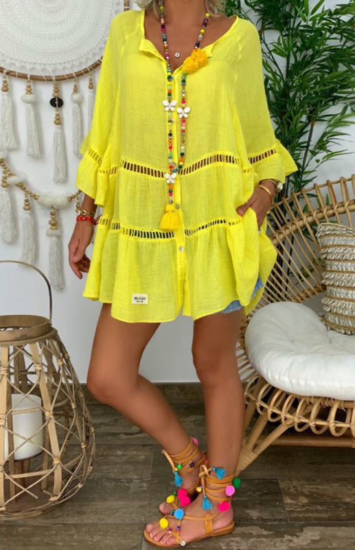 Yellow 3/4 Sleeve Loose Button Cut-out Top