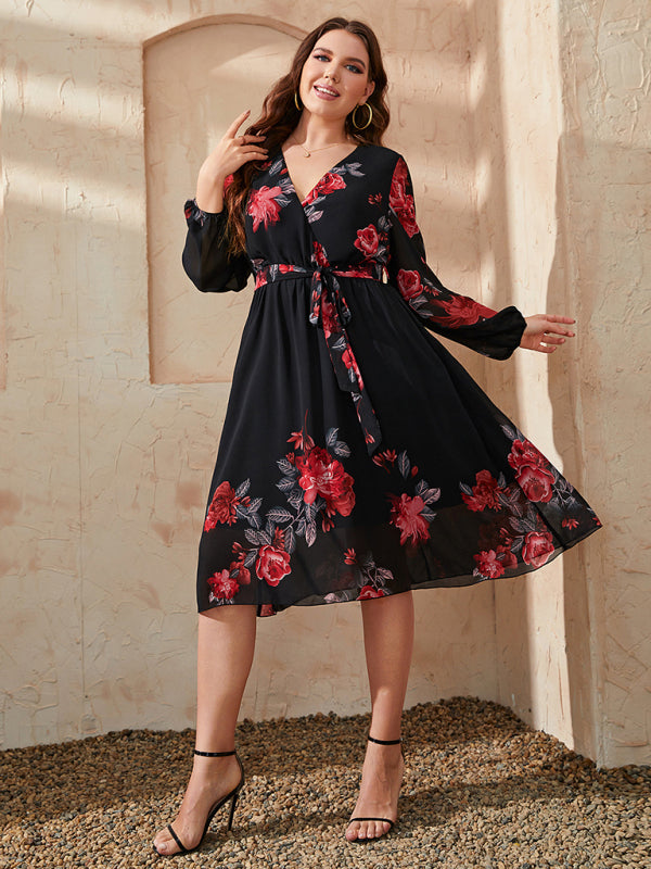 Curve Floral Print Tie Slim Dress