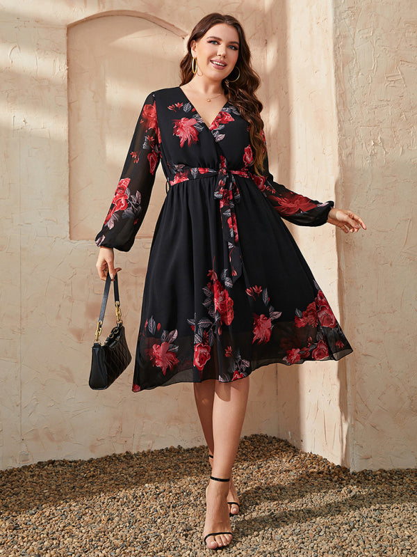 Curve Floral Print Tie Slim Dress