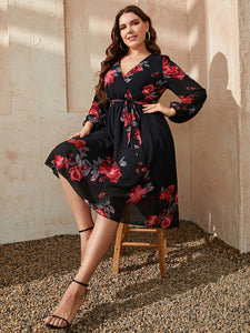 Curve Floral Print Tie Slim Dress