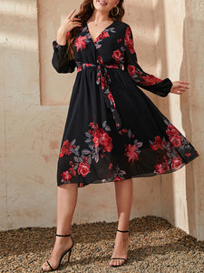 Curve Floral Print Tie Slim Dress