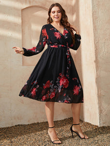 Curve Floral Print Tie Slim Dress