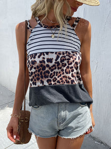 Leopard Panel Sleeveless Halter Tank Top