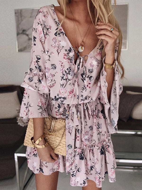 Dusty Pink Slimming Floral Mid-Waist Dress