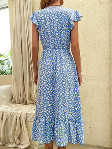 Blue Flutter Sleeve Midi Dress