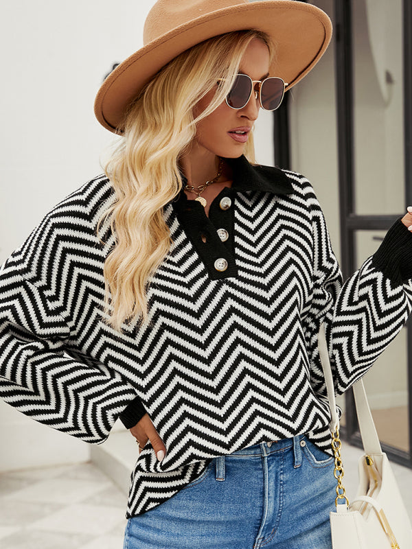 Striped Knit Lapel Sweater