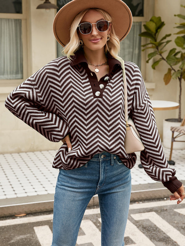 Striped Knit Lapel Sweater