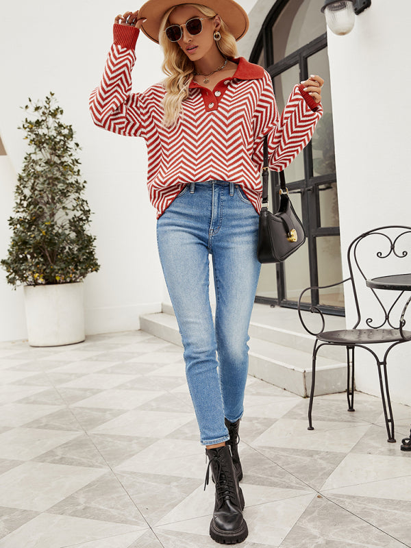 Striped Knit Lapel Sweater