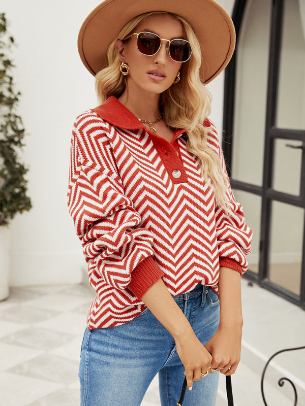 Striped Knit Lapel Sweater