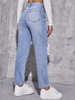 Load image into Gallery viewer, Blue Washed &amp; Ripped High Waist Straight Trousers
