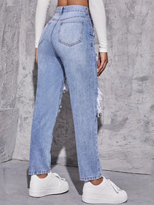 Blue Washed & Ripped High Waist Straight Trousers