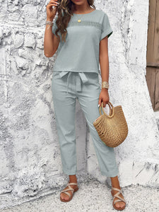 Pea Green Grey Top & Trousers Set