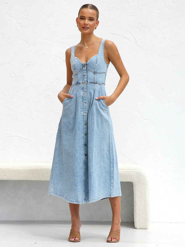 Buttoned Suspender Midi Dress