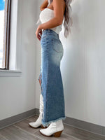 Load image into Gallery viewer, Irregular Raw Edge Denim Skirt
