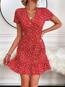 V Neck Short Sleeve Printed Dress