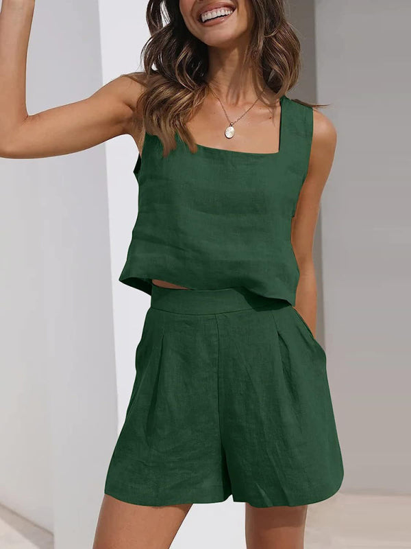 Sleeveless Square Neck Top + Shorts Two-Piece Set